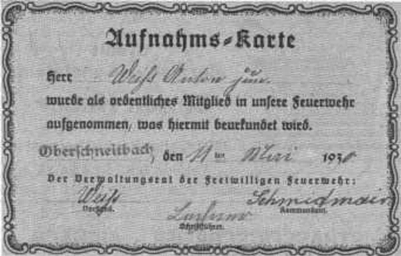Mitgliederaufnahmekarte aus dem Jahre 1930